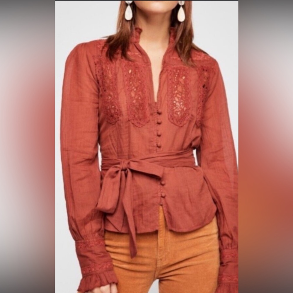 Free People Sweet Memories lace and embroidery top size M rusty brown